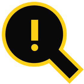 Black magnifying glass icon with an exclamation mark, symbolizing search and alertness in digital content.