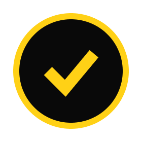 Black circular icon with a yellow check mark inside, symbolizing completion or approval.