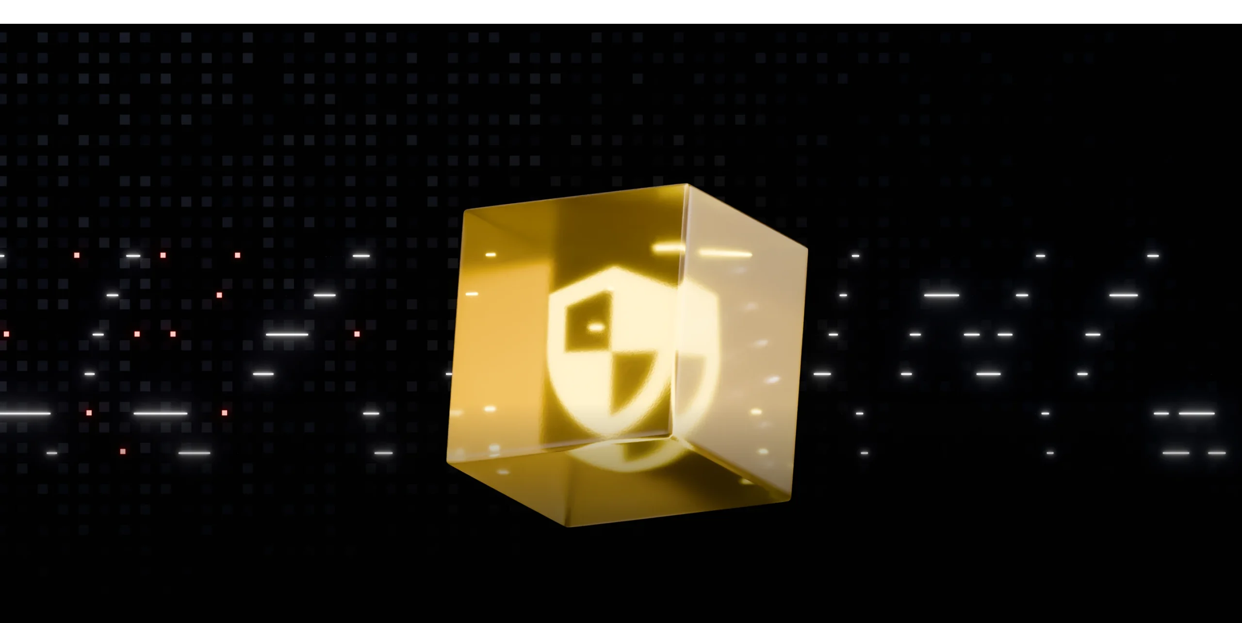 Golden cube with a shield emblem, representing security and protection in a digital environment.