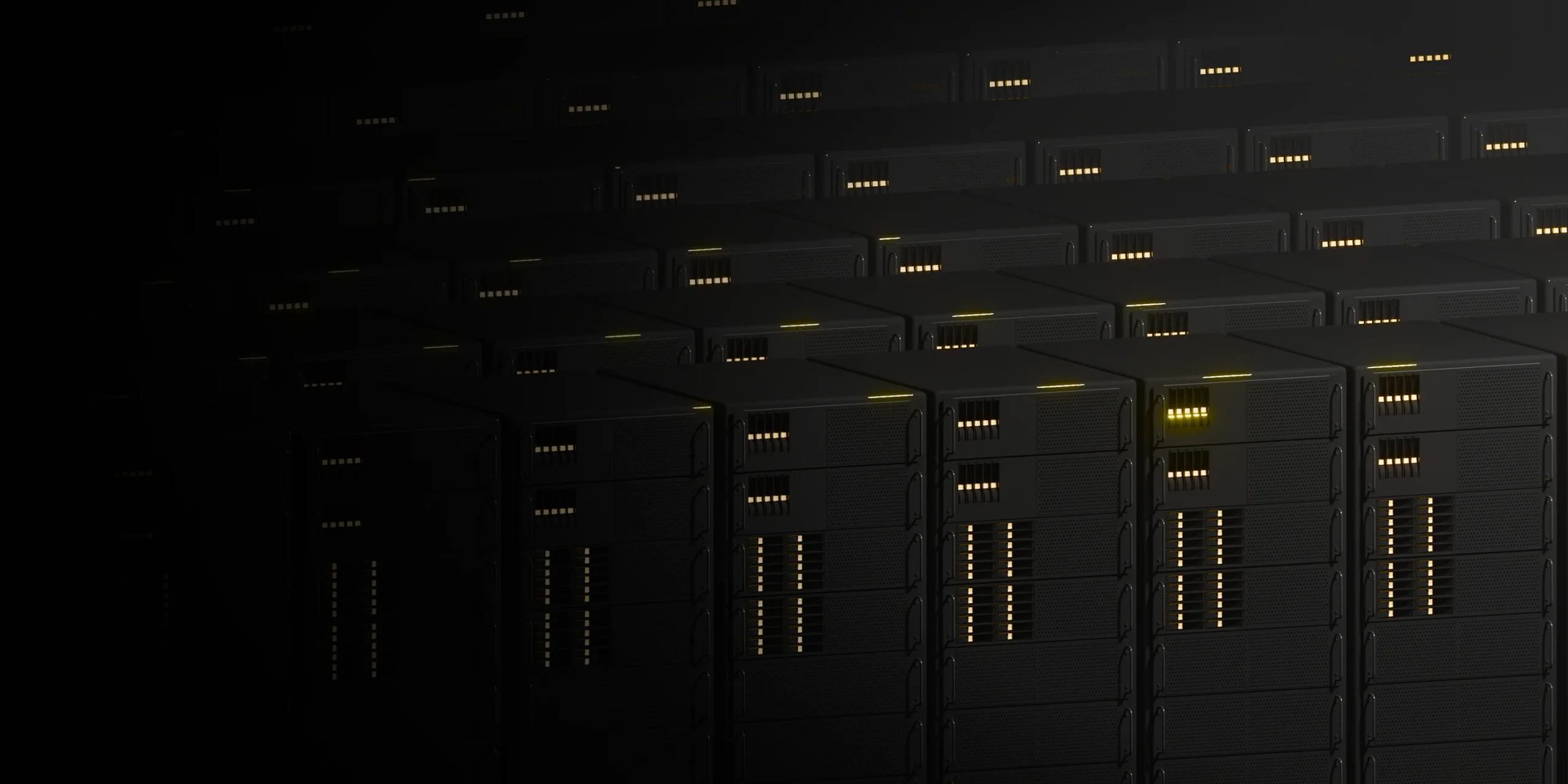 Data center server racks with illuminated indicators in a dark environment, showcasing high-performance computing hardware and network infrastructure.