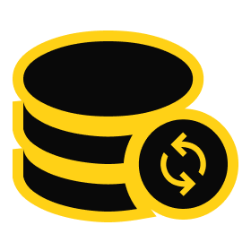 Black and yellow icon representing data backup and restoration, featuring stacked disks and a circular refresh symbol.