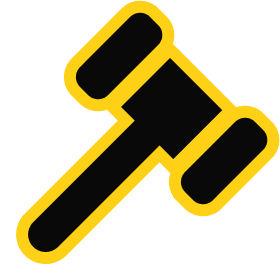 Black and yellow gavel icon representing law, justice, and legal proceedings.