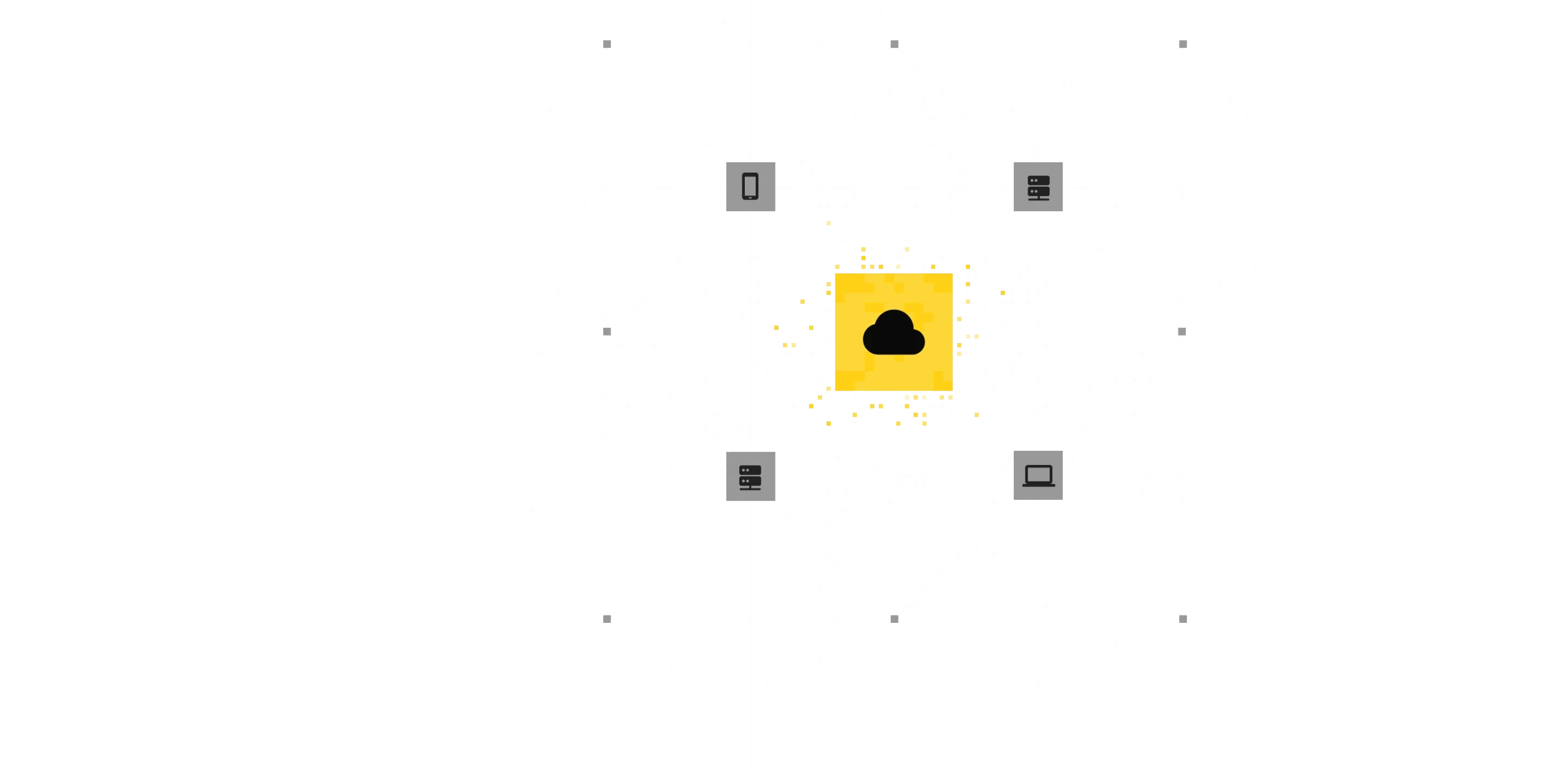 Abstract digital illustration featuring a central yellow cloud icon surrounded by a pattern of gray squares, symbolizing cloud computing and data management concepts.