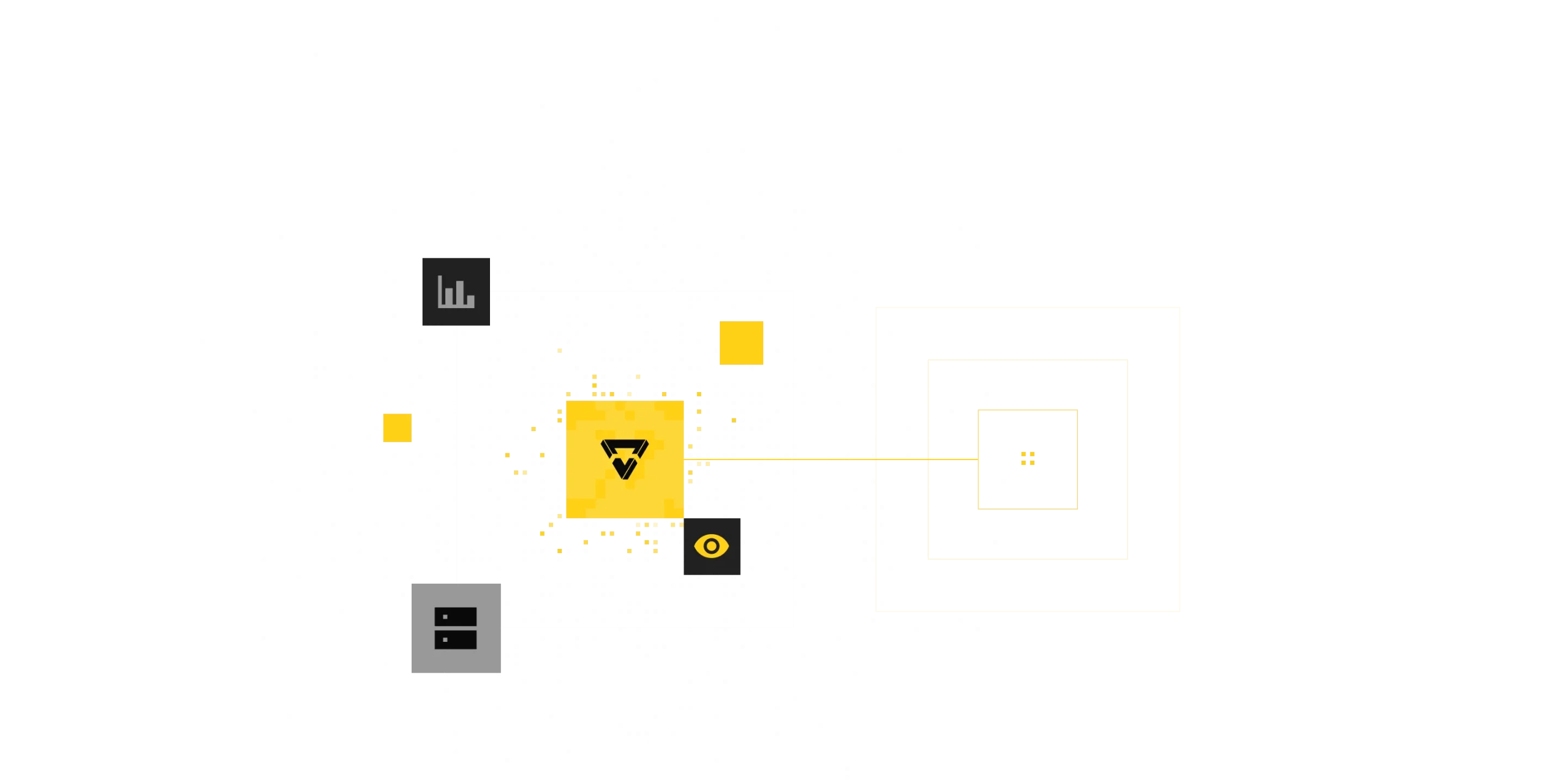 Abstract digital artwork featuring a central yellow shape connected by lines to various black and gray geometric forms, set against a white background. The image conveys a sense of connection and movement, ideal for themes related to technology, innovation, or digital design.