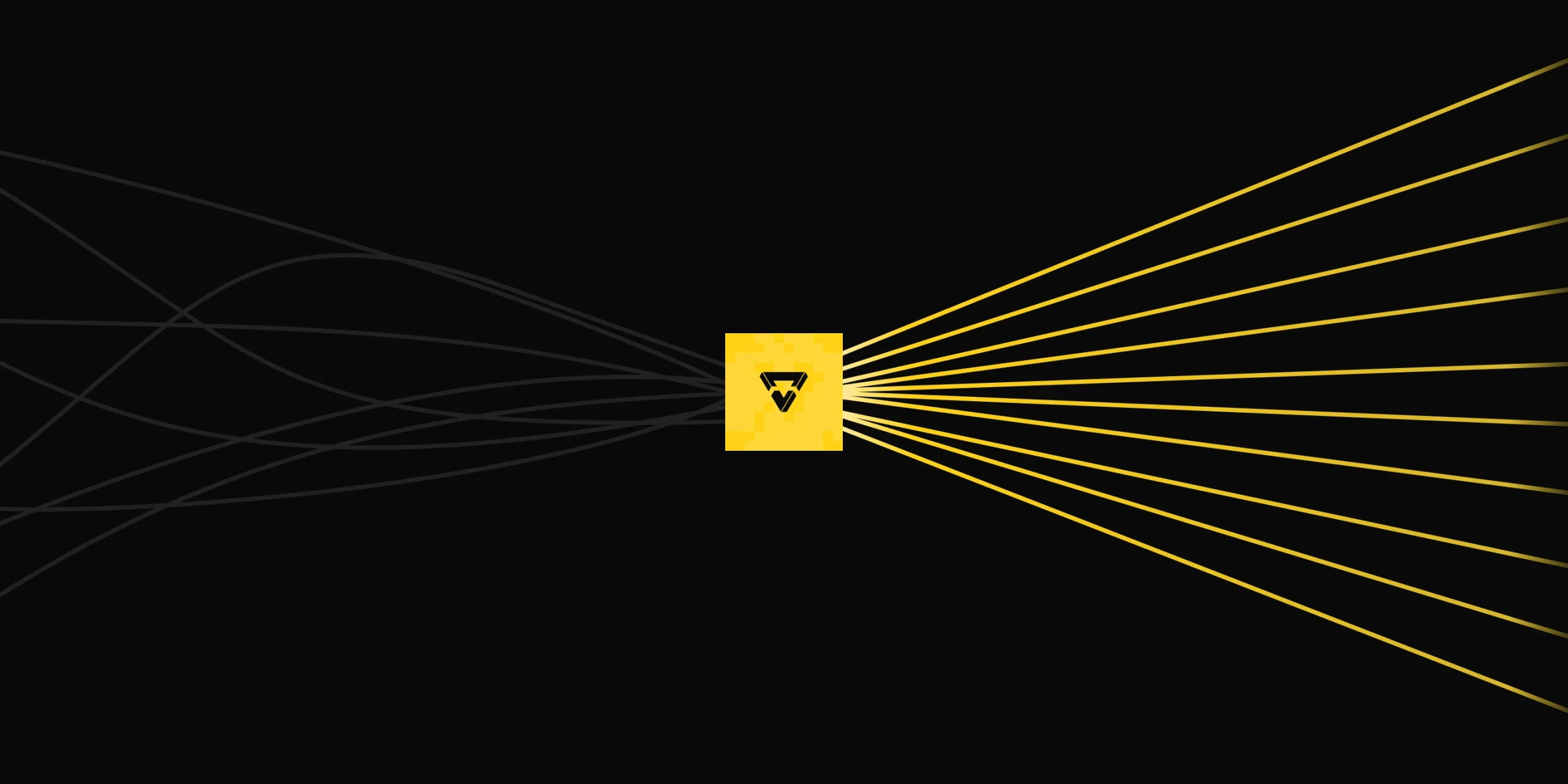 Abstract graphic featuring a central yellow square with a triangular symbol, emitting multiple lines in various directions against a black background, representing connectivity and technology.
