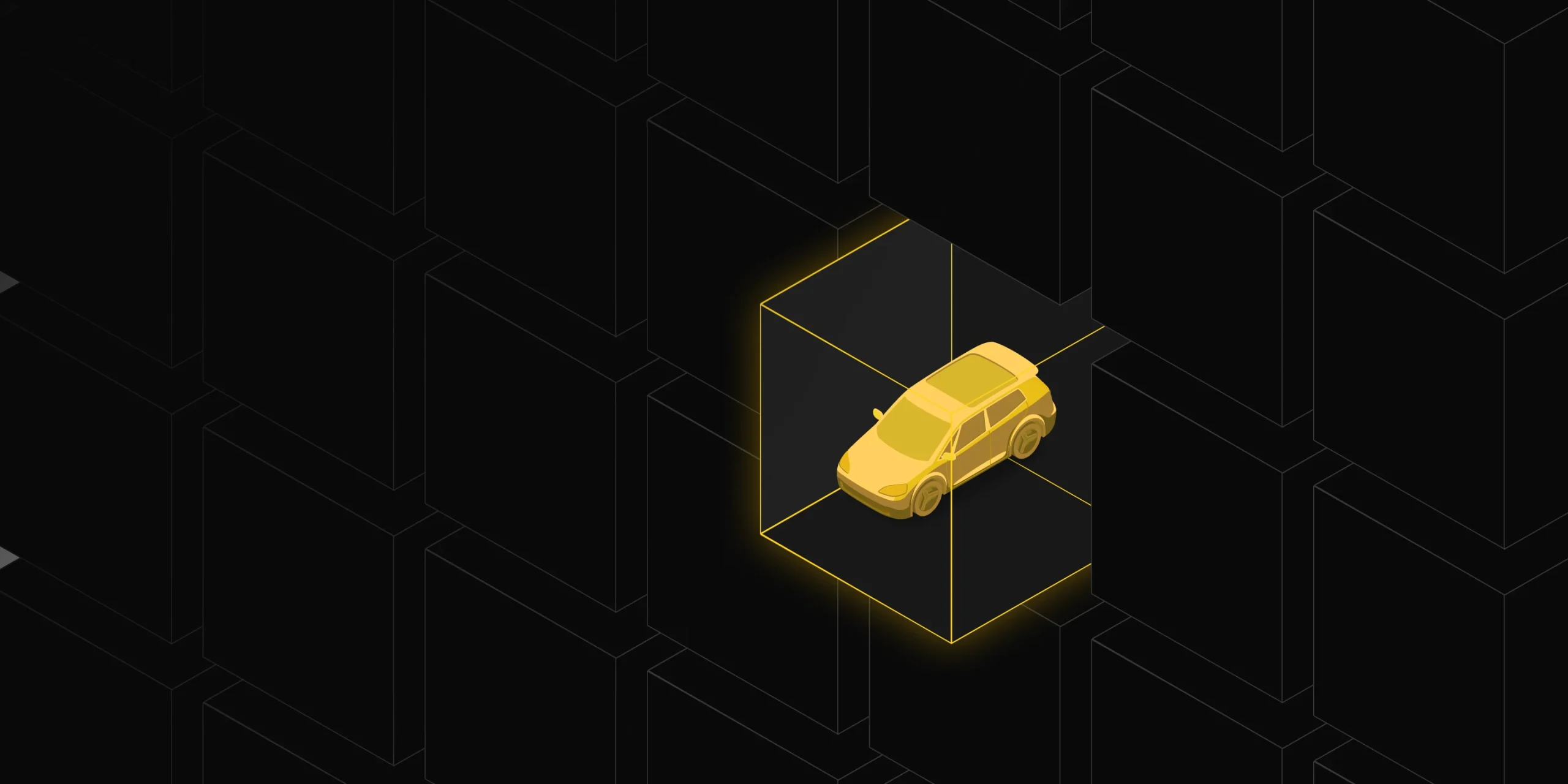 3D illustration of a yellow car inside a transparent cube on a black background, representing automotive technology or vehicle design.