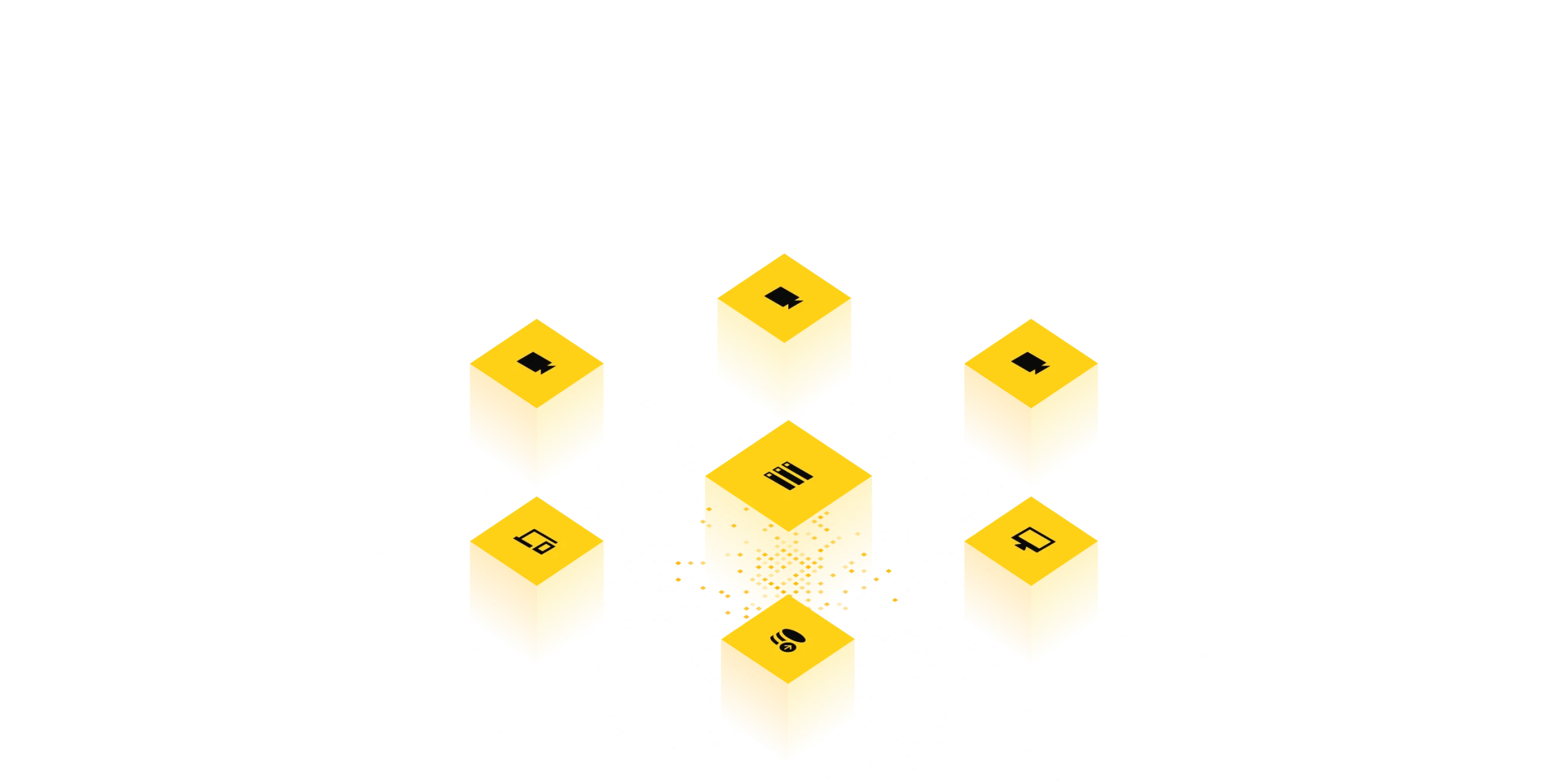 An abstract graphic featuring yellow hexagonal blocks arranged in a circular pattern, with various icons representing different digital elements, set against a black background. The image symbolizes data organization and digital innovation.
