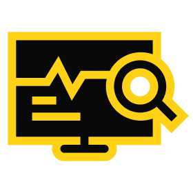 Icon representing data analysis with a computer monitor displaying graphs and a magnifying glass, symbolizing SEO monitoring and optimization.