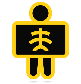 Icon representing a person holding a sign with a stylized spine illustration, used for health and wellness themes.