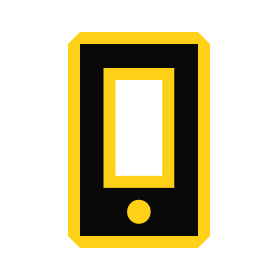 Icon of a smartphone with a yellow outline on a black background, symbolizing mobile technology and communication.