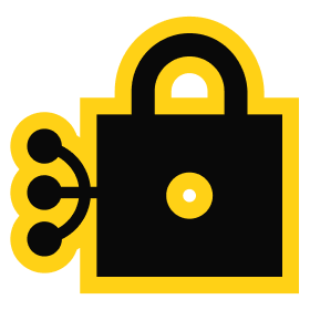 Black and yellow padlock icon symbolizing security and data protection, featuring a keyhole and connected nodes representing network security.