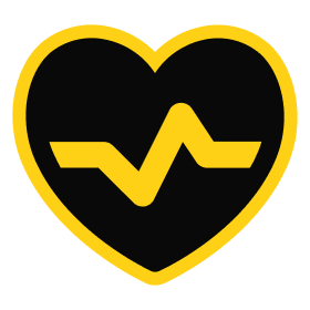 Heart health logo with a yellow and black design featuring a heartbeat line inside a heart shape, symbolizing wellness and fitness.