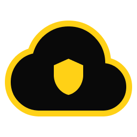 Cloud security logo featuring a black cloud with a yellow shield symbol, representing data protection and cybersecurity solutions.