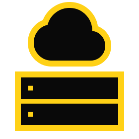 Icon representing cloud storage with a cloud above a server, symbolizing data management and online storage solutions.