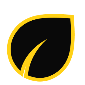 Stylized yellow and black leaf logo symbolizing nature and sustainability.