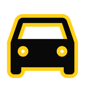 Icon of a simple black car design with a yellow outline, representing automotive themes and transportation.