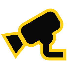 Icon of a surveillance camera in black and yellow, symbolizing security and monitoring.
