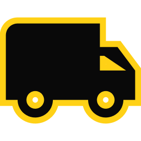 Black delivery truck icon with yellow outline, symbolizing logistics and transportation services.