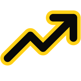 Icon of an upward trending arrow in black and yellow, symbolizing growth and positive progress in business or finance.