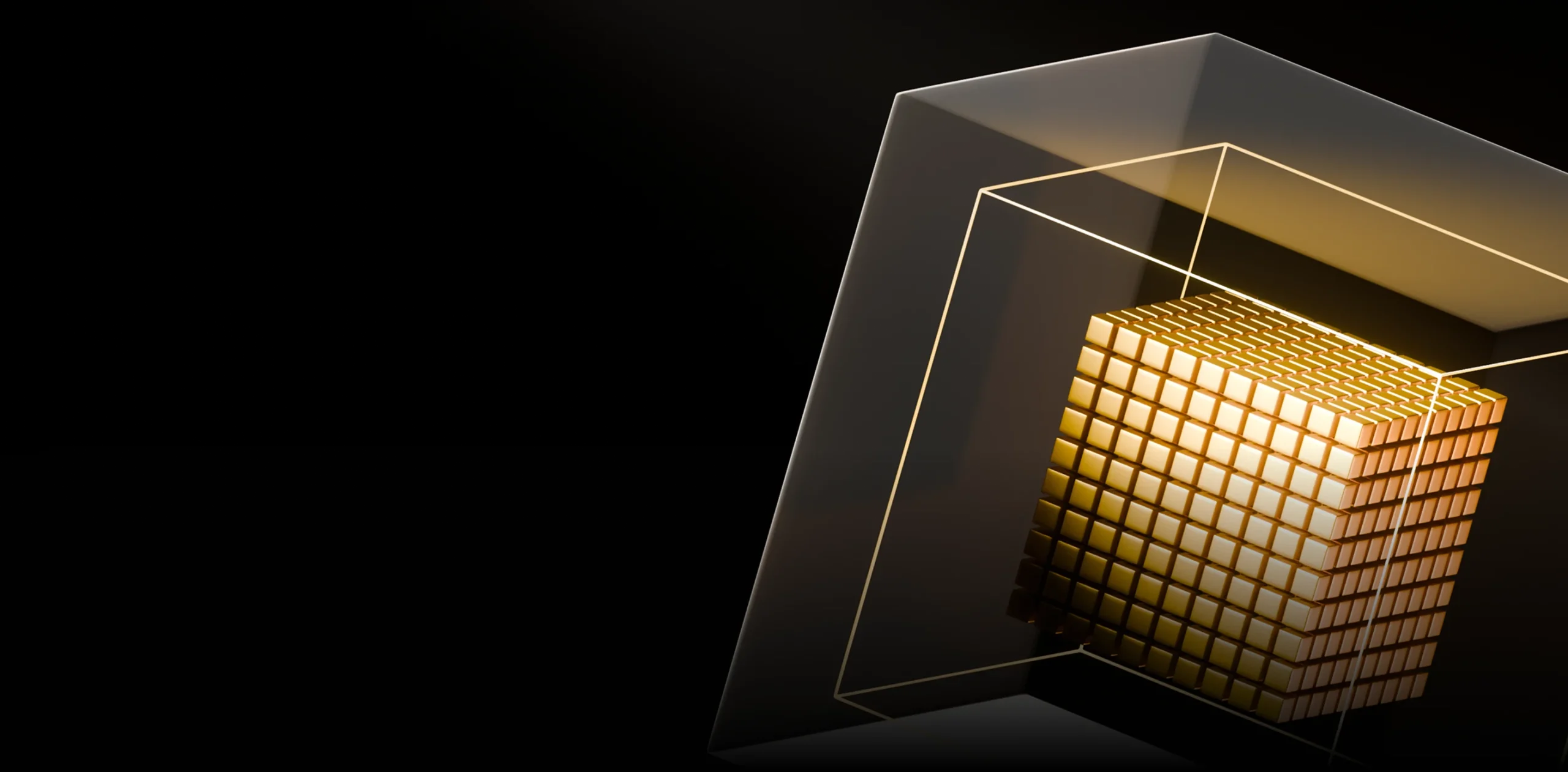 Modern geometric sculpture featuring a golden cube encased in a transparent acrylic frame, set against a dark background.