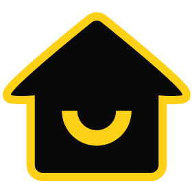 Logo of a real estate company featuring a stylized house design in black and yellow colors, symbolizing home and property services.