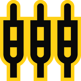 Icon of three audio sliders on a yellow background, representing sound control and audio mixing.