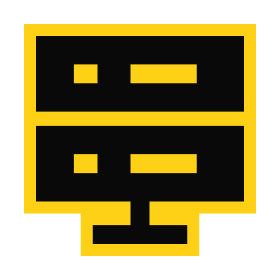 Icon of a server rack in black and yellow, representing data storage and web hosting services.