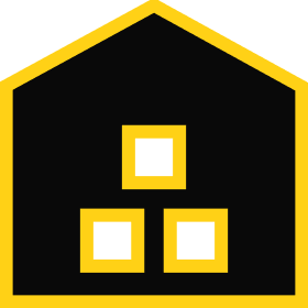 Logo featuring a stylized house with three stacked blocks inside, designed in black and yellow colors, representing storage or organization services.