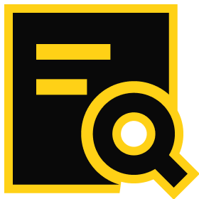 Icon representing a document with a magnifying glass, symbolizing search and analysis of information. Ideal for content related to research, documentation, or data analysis.