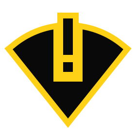 Yellow exclamation mark inside a black and yellow shield emblem, symbolizing caution or alertness.