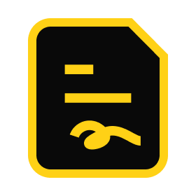 Icon representing a document with lines and a stylized signature, featuring a yellow and black color scheme, suitable for legal or business contexts.