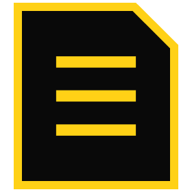 Icon representing a document with lines, featuring a black background and a yellow outline, commonly used for notes or text-related content.