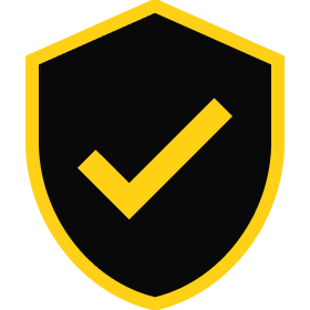 Black shield icon with a yellow outline and a check mark, symbolizing security and trust.