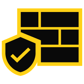 Icon representing cybersecurity with a shield and checkmark over a brick wall, symbolizing protection and security measures.