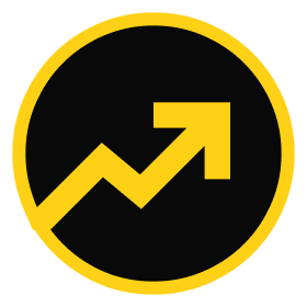 Icon representing growth and progress, featuring a yellow upward arrow within a black circle, symbolizing business success and analytics.