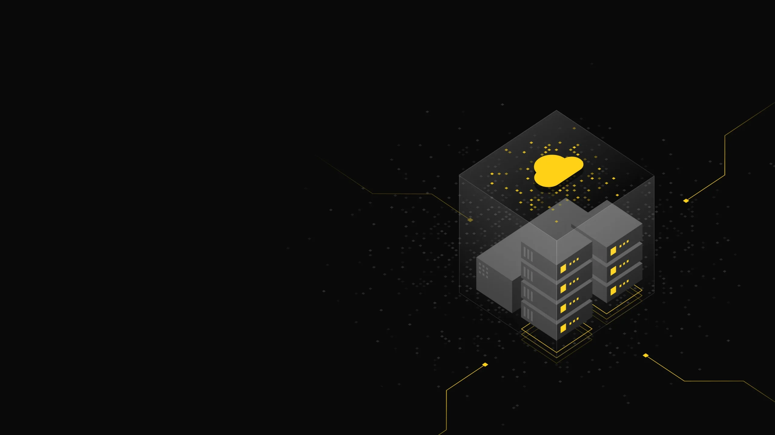 Abstract illustration of a data center with a glowing yellow heart symbol, set against a black background, representing technology and innovation in cloud computing.