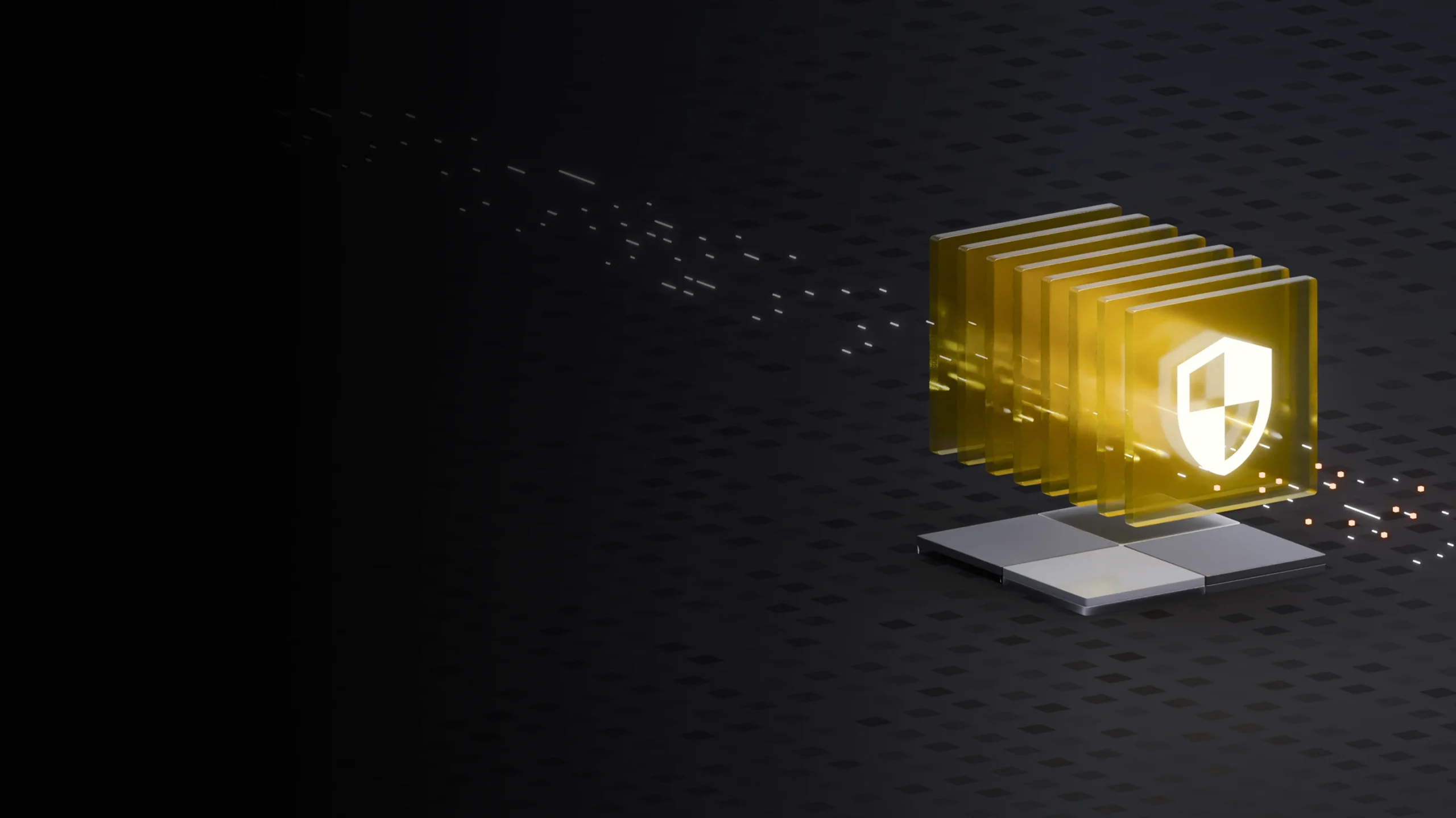 Abstract representation of a computer processing data, featuring a series of stacked golden blocks emitting particles, set against a black background. This image symbolizes advanced technology and data visualization.
