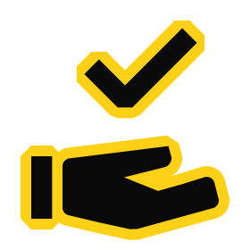Icon of a hand with a check mark, symbolizing approval or confirmation, in a simple and modern design with yellow and black colors.