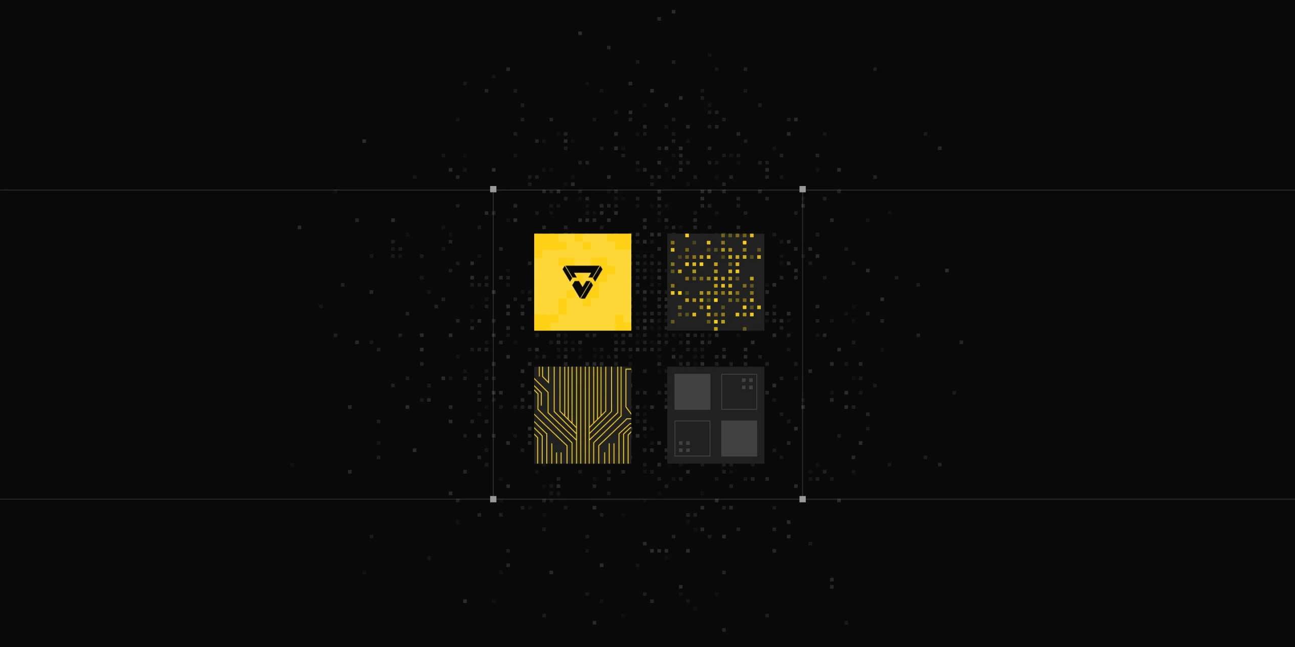 Abstract digital design featuring four squares on a black background, including a yellow square with a logo, a square with a network pattern, and two additional squares with circuit-like designs. Ideal for technology or digital branding contexts.