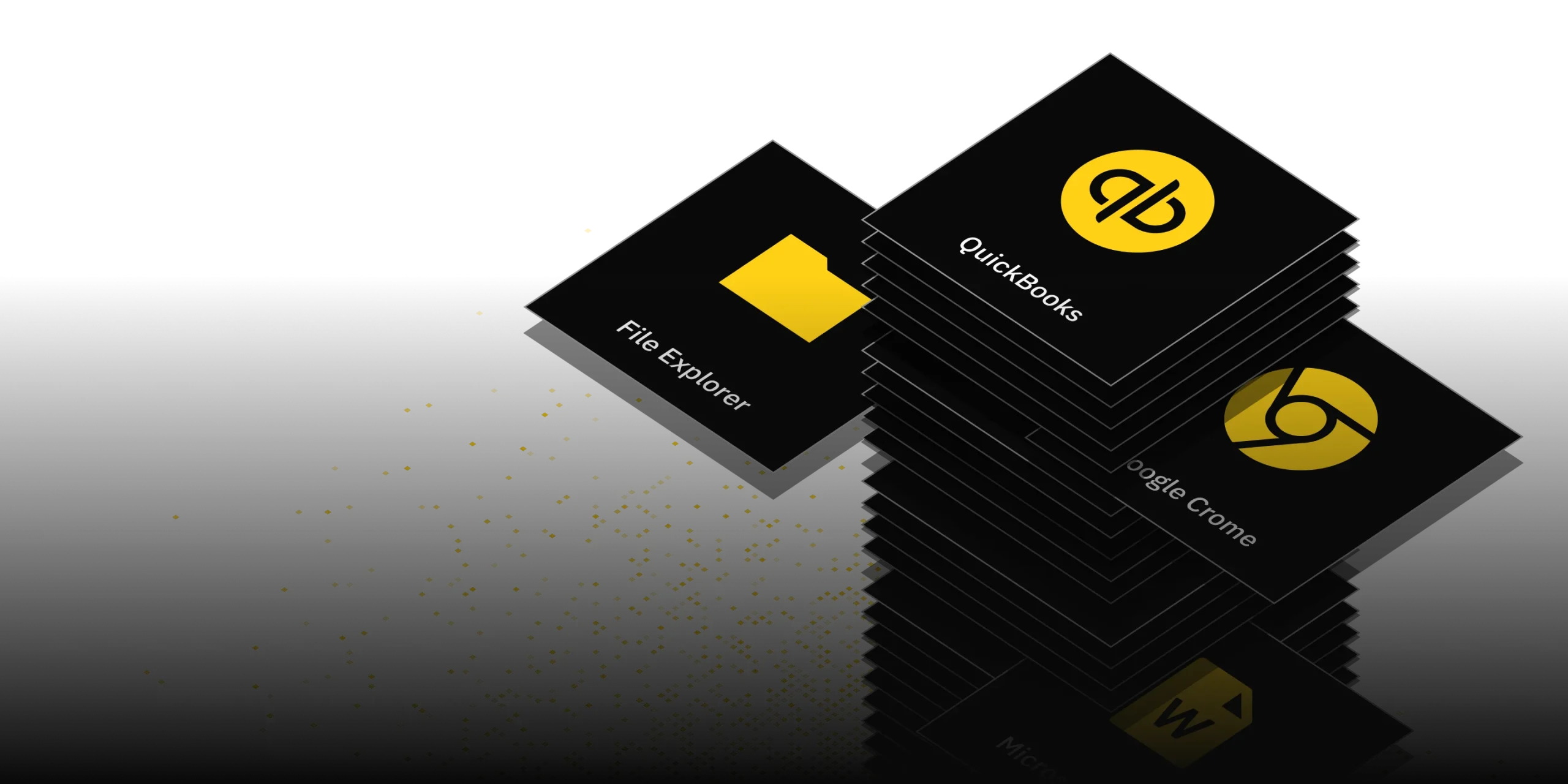 Image of QuickBooks branding materials, featuring stacked cards with a yellow logo and a file storage icon, representing financial management and bookkeeping solutions.