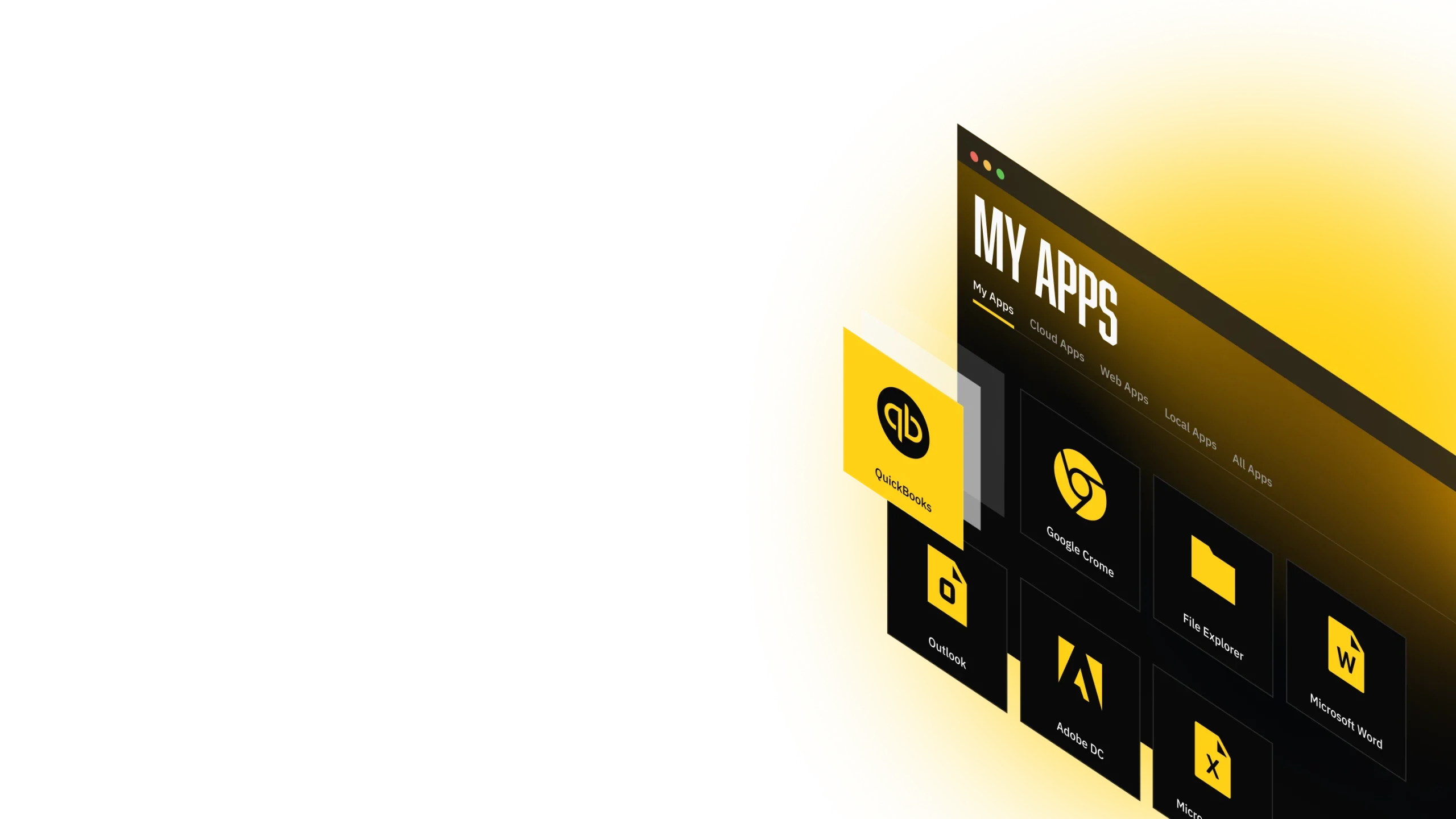 Illustration of a digital interface showcasing "My Apps" with a modern design, featuring app icons and a vibrant yellow background, emphasizing user-friendly navigation and accessibility.