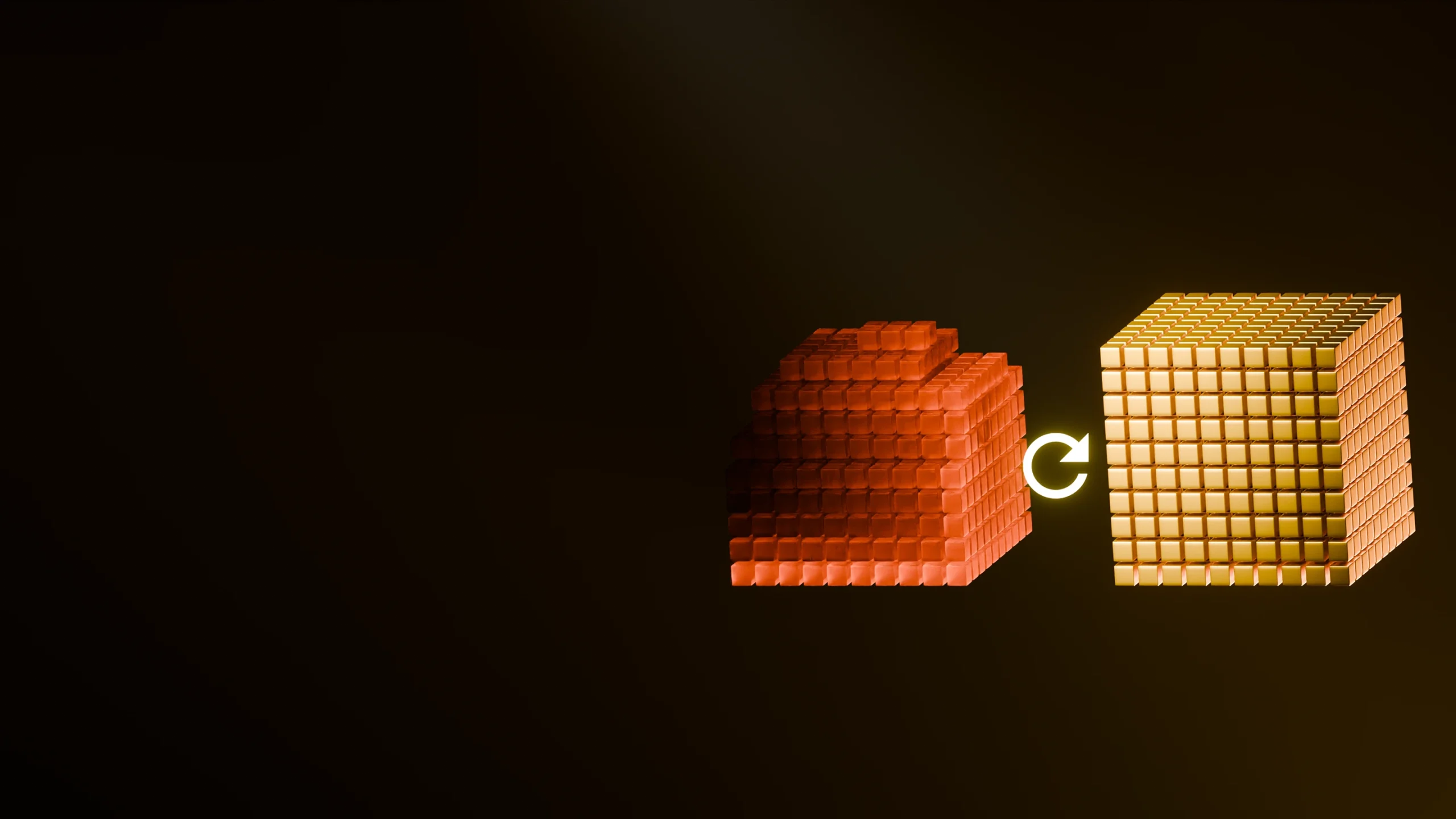 3D illustration of a voxel-style block transformation, showing an orange block on the left and a lighter, structured block on the right, with an arrow indicating the change.