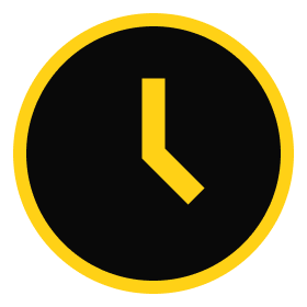 Black clock icon with yellow outline displaying the time as 10:10, symbolizing punctuality and time management.