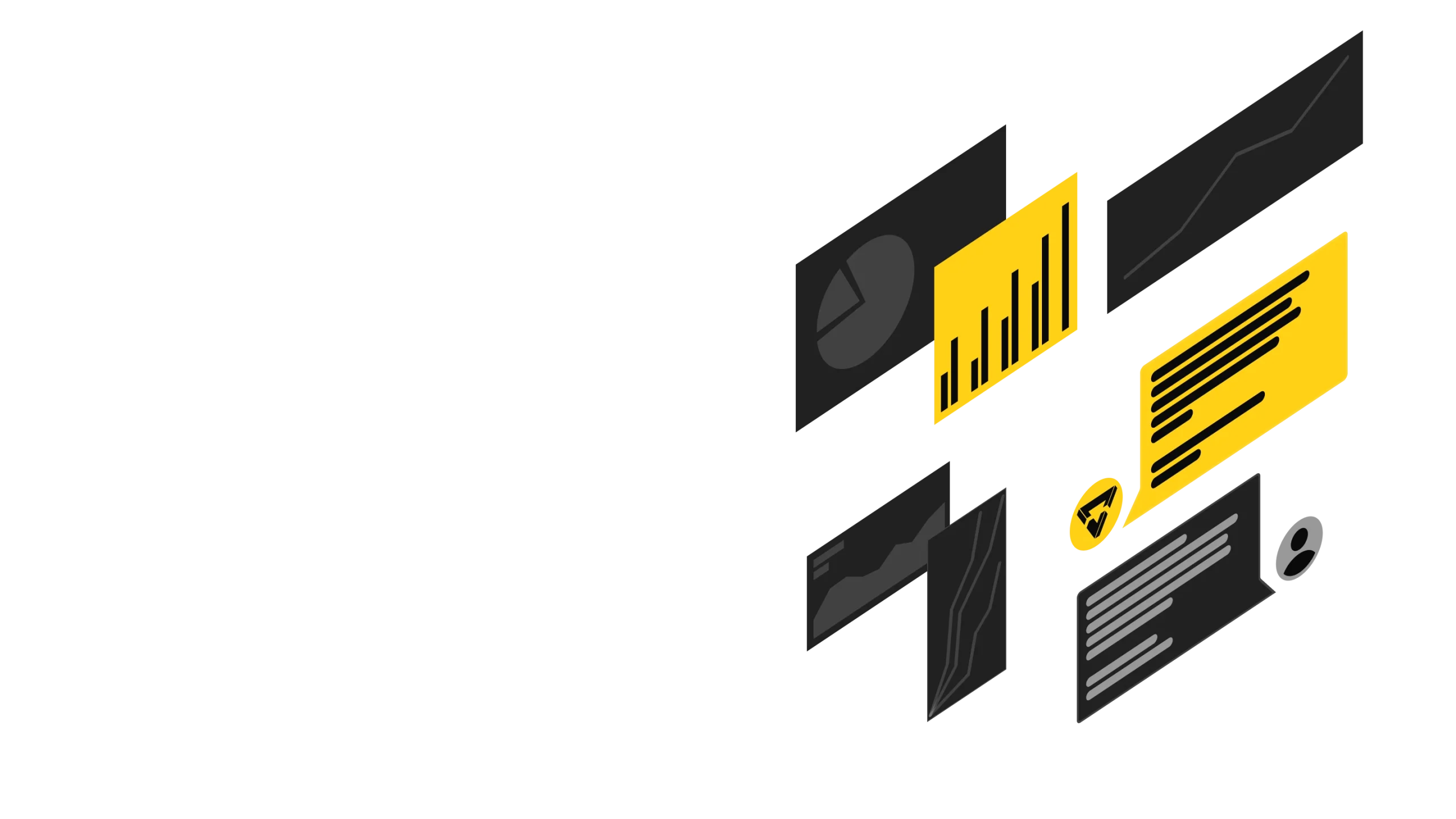 Icons representing data analysis and visualization, including a pie chart, bar graph, and line graph, in a modern design with a black and yellow color scheme.
