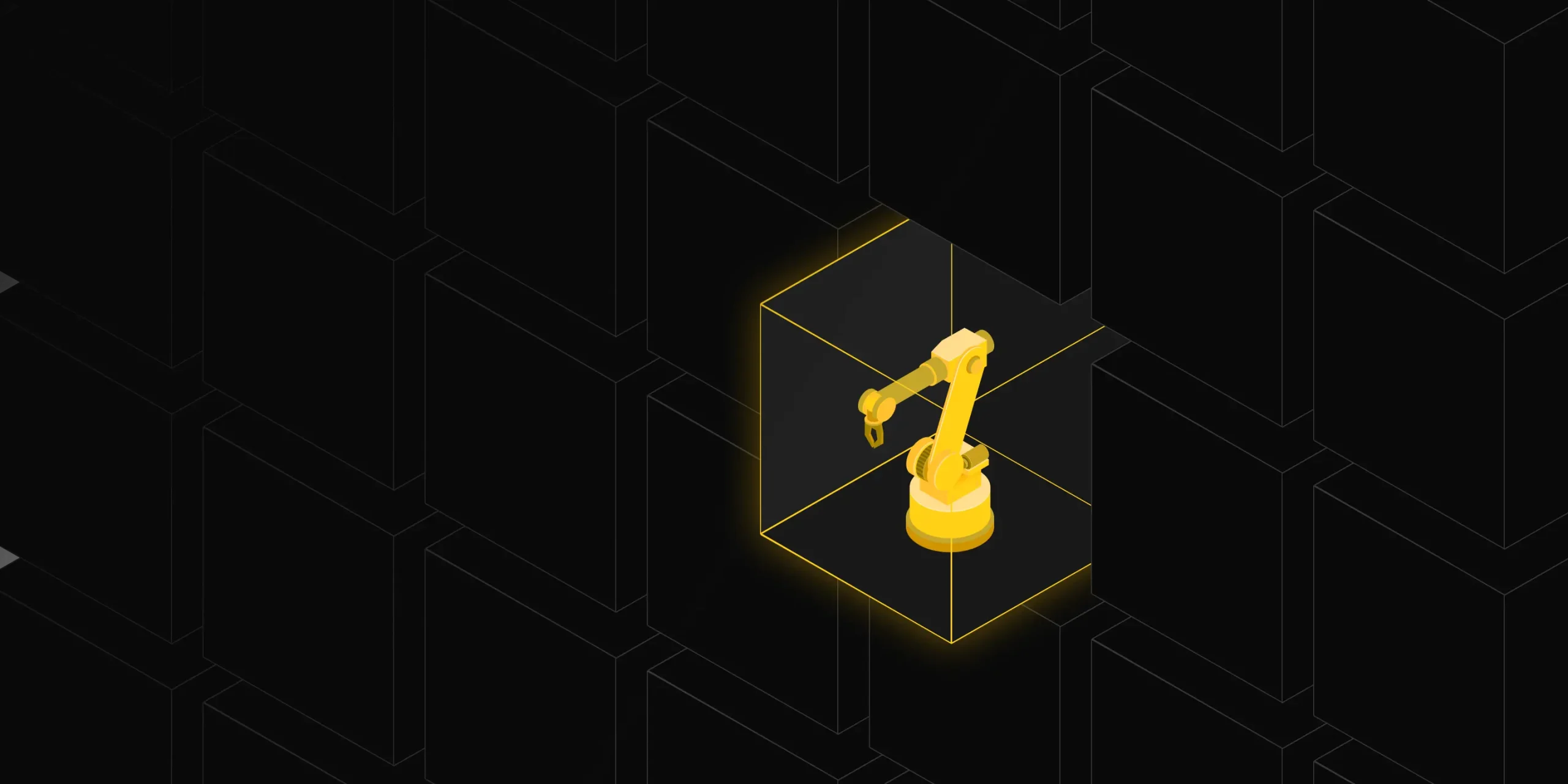 Yellow robotic arm inside a 3D grid, representing automation and advanced manufacturing technology against a black background.