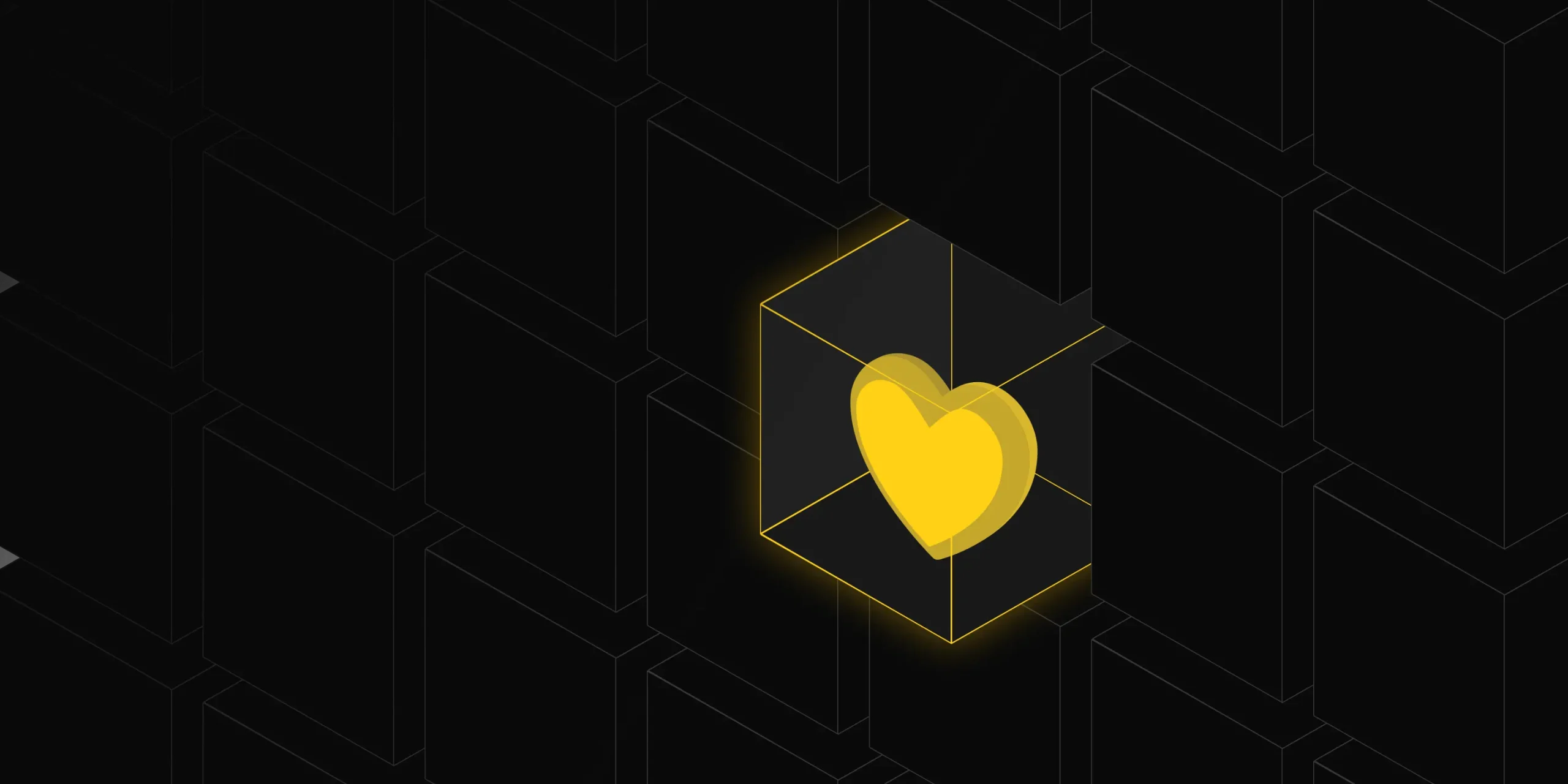 A stylized yellow heart icon inside a transparent cube, set against a dark geometric background, symbolizing love and connection in digital design.