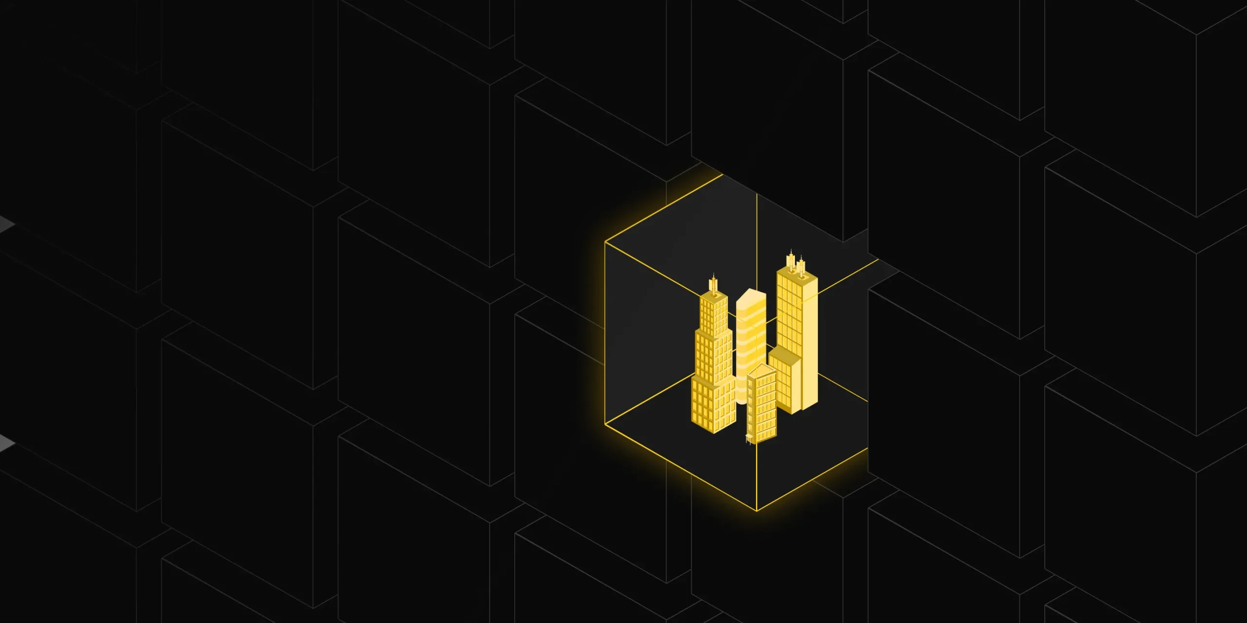 3D illustration of golden skyscrapers inside a black geometric cube, symbolizing urban development and architecture.