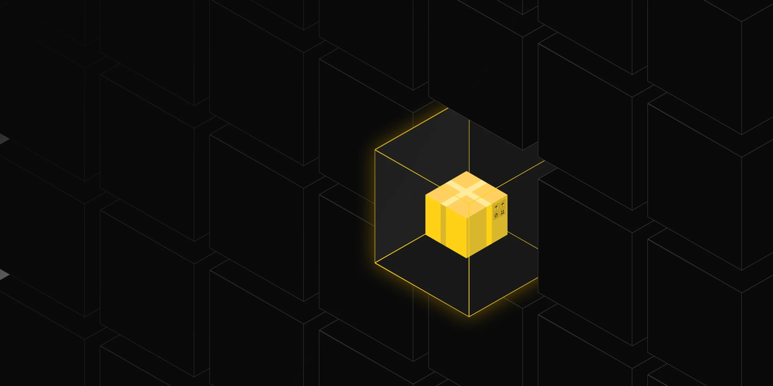Illustration of a yellow package in a 3D grid on a black background, representing logistics, shipping, or packaging concepts in a modern design.
