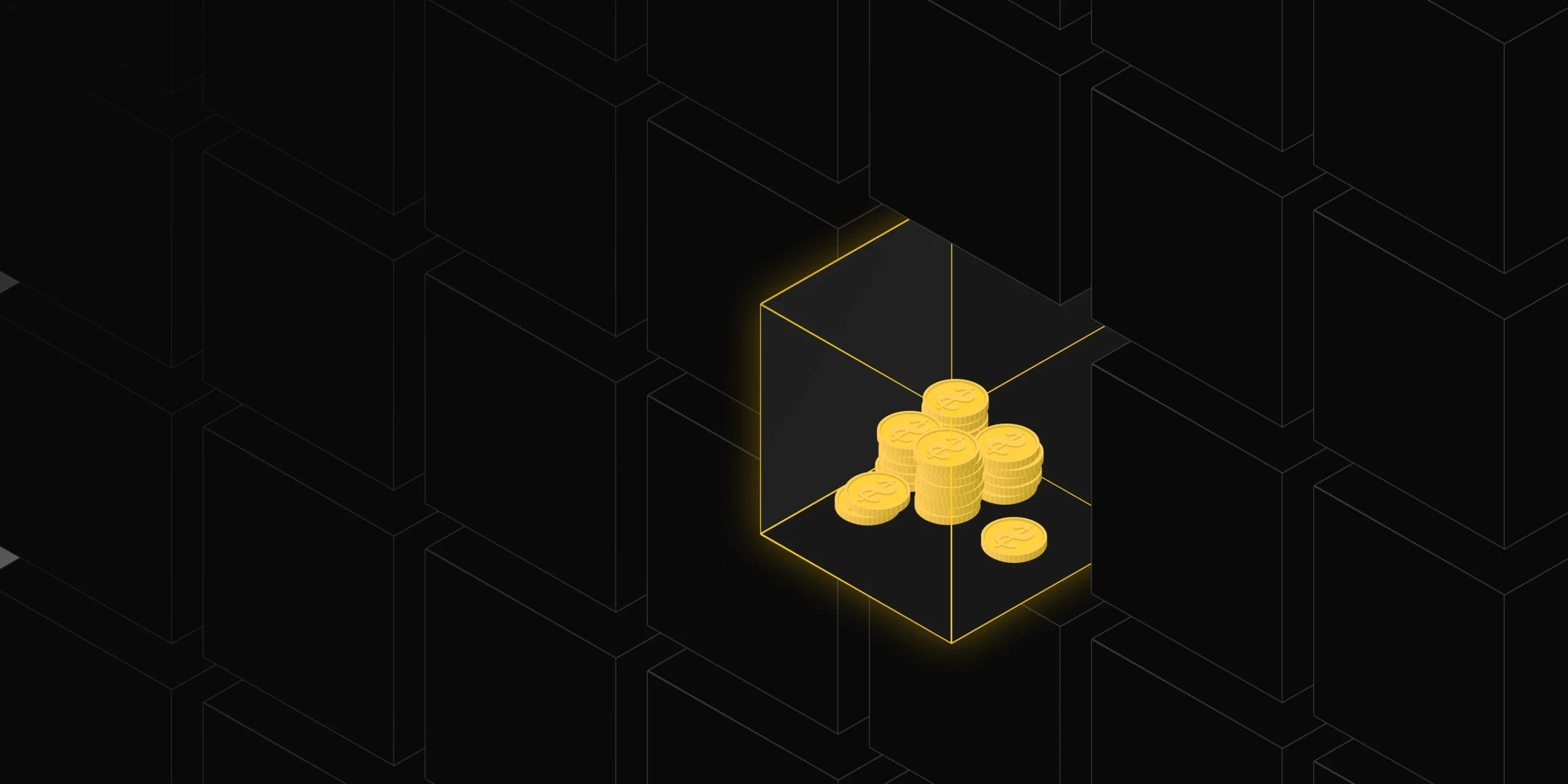Illustration of a transparent cube containing stacks of gold coins, set against a black background, symbolizing wealth and investment.