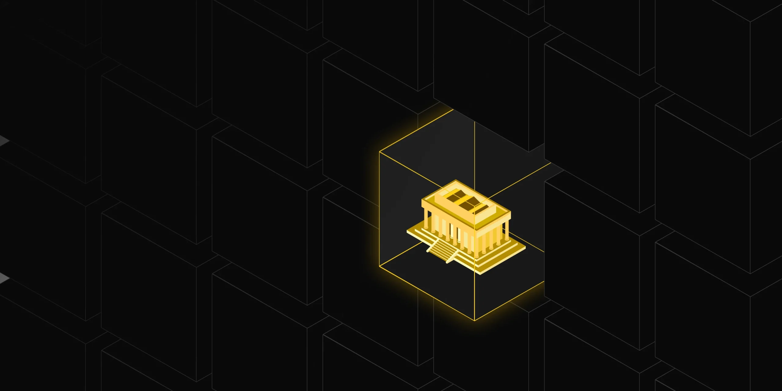 Golden bank icon on a black background representing finance and banking technology.
